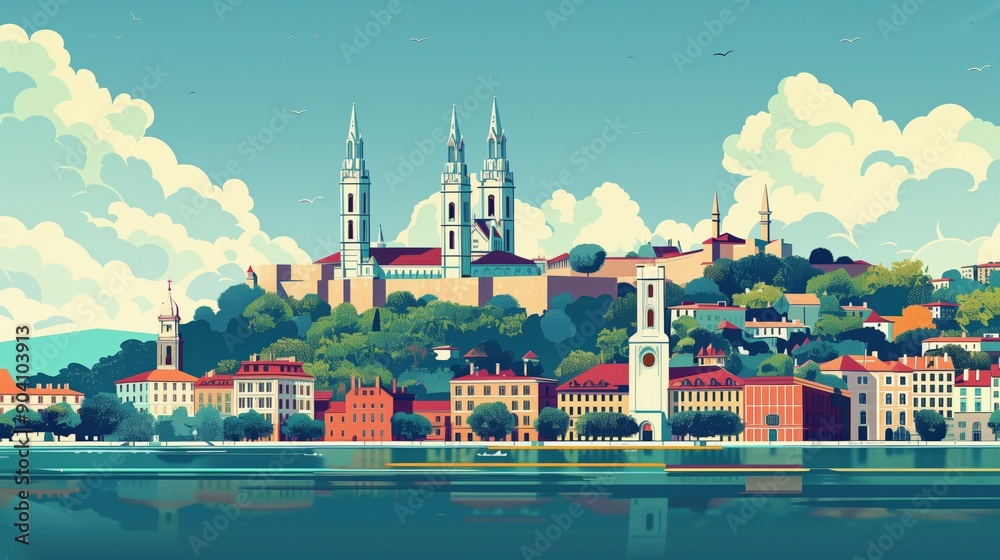 Wall mural lyon landmarks, basilica of notre dame de fourviere and place bellecour, france, minimal flat design