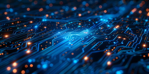 Obraz premium Blue circuit board and technology elements, futuristic and reliable feel, emphasizes modernity and reliability in technology. Hi-tech digital network concept for web design, banner or presentation.