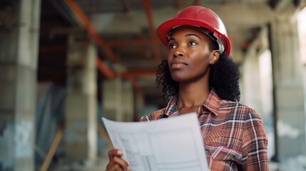 Confident African American Female Architect Holding Blueprints at Construction Site