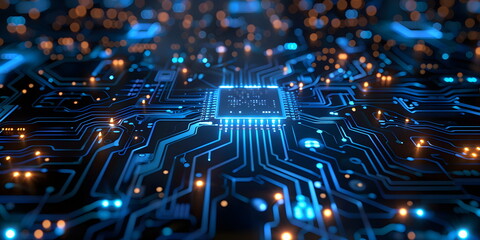 Blue circuit board and technology elements, futuristic and reliable feel, emphasizes modernity and reliability in technology. Hi-tech digital network concept for web design, banner or presentation.