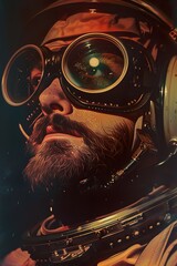 Comic style pulp sci-fi pilot explorer character face close-up