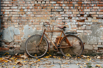 Old bicycle against weathered brick wall representing lost time