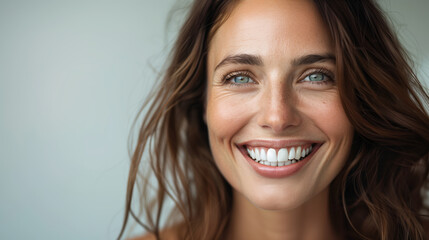 Naklejka premium Portrait of Smiling Middle-Aged Woman with Perfect Smile and Happy Expression