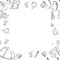 Obraz premium Hand drawn Frame design set of camping design elements. Black and white doodle style drawing. White background.