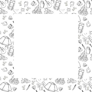 Frame design set of camping design elements. Black and white doodle style drawing. White background.