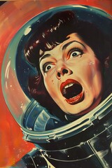 Scared woman screaming face retro sci-fi poster style art