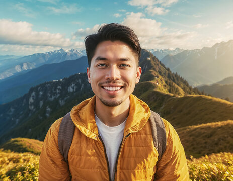 Portrait d'un jeune homme asiatique souriant vu de face , la montagne et la vall&eacute;e en arri&egrave;re plan