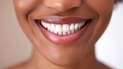 Naklejka premium Close-Up of African American Woman Smiling with Perfect Teeth, Radiant and Happy