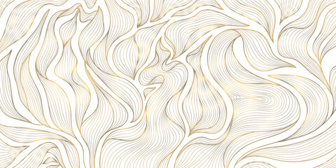 Vector art deco golden line leaves pattern, nature classic wavy illustration. Abstract floral wallpaper, plant elegant summer ornament.