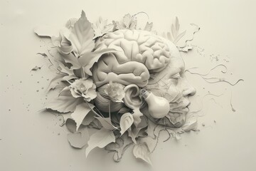 Black and white brain with foliage representing intelligence creativity and nature in a clean design