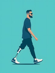 Fototapeta premium A man with a prosthetic leg walks confidently forward, showcasing strength and determination.