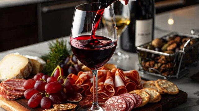 A person is pouring wine into a wine glass from a bottle. The wine glass is on a wooden board with a variety of food items, including crackers, grapes, and meat. Concept of relaxation and enjoyment.