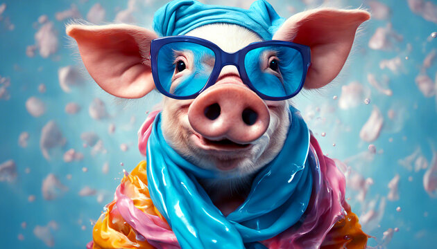 Tierisches Model: Ein Schwein/ Sau. Humorvolles Portrait eines Schwein mit cooler blauer Sonnenbrille und kuscheligen blauen Schal. Witziges Tierbild f&uuml;r Kinderb&uuml;cher, Postkarten, Social Media-Posts.