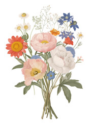 Fototapeta premium Elegant Watercolor Floral Bouquet with Pastel Peonies and Wildflowers
