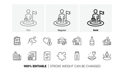 Car rental, Leadership and Pants line icons. Pack of Whiskey bottle, Buy car, Baggage icon. Donation, Food delivery, Property agency pictogram. Plate, Augmented reality, Puzzle. Line icons. Vector