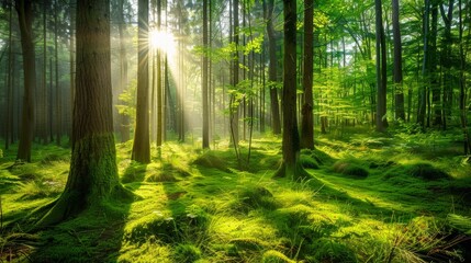 Fototapeta premium Sunbeams Through Forest Trees.