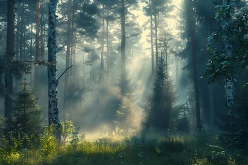 Fototapeta premium Forest Sunrise Illustration - Sunbeams Through Misty Trees