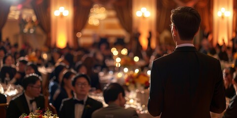 Obraz premium A charity gala dinner with guests in formal attire, a beautifully set table, and a speaker addressing the audience