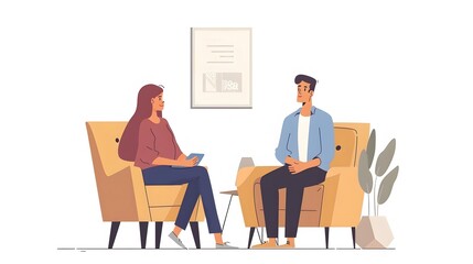 A woman and man sitting in chairs facing each other, having a conversation in a room.