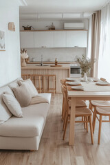 Fototapeta premium Modern minimalistic interior of a kitchen and dining room