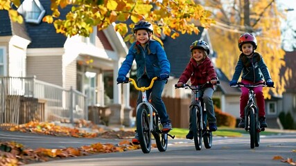 Three children are riding their bikes down a street. The children are wearing helmets and are smiling. Scene is happy and carefree.
