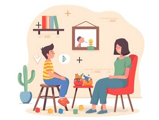 A young boy talks to a therapist in a home office setting.