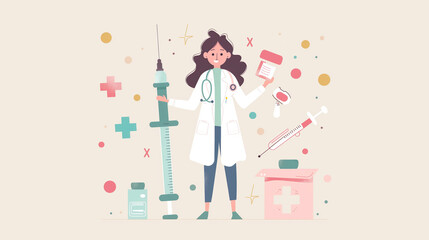 Obraz premium Cartoon illustration of a female doctor holding medical equipment with a cheerful expression