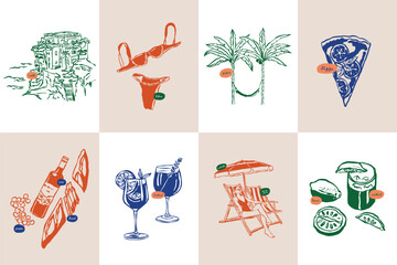 Minimalist hand drawn travel vector illustration collection. Art for postcards, branding, logo design, background.	
