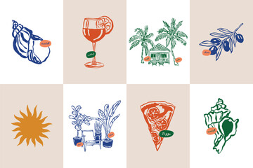 Minimalist hand drawn travel vector illustration collection. Art for postcards, branding, logo design, background.	
