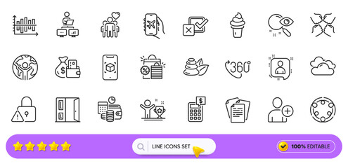 Open door, Diagram chart and Winner cup line icons for web app. Pack of Calculator, 360 degree, Squad pictogram icons. Documents, Ice cream, Shopping bags signs. Search, Work home, Checkbox. Vector