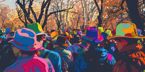 The Hatted Horde: A gathering of people in colorful hats, standing in a lively park