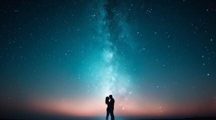 A romantic couple embraces beneath a vast starry sky, illuminated by the Milky Way, creating a magical atmosphere of love.