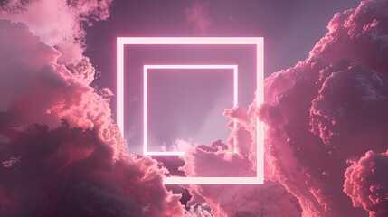 A glowing neon square frame floats amidst vibrant, fluffy pink clouds in a surreal sky