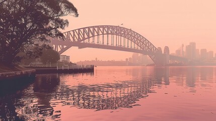 Fototapeta premium Sunset Over Sydney Harbour Bridge with City Skyline and Reflections in Calm Water