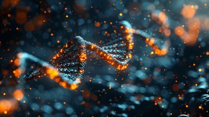 DNA double helix with glowing particles on dark.