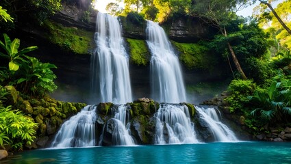 Fototapeta premium Waterfall landscape beautiful water falling on mountains in tropical forest. Ai Generative.