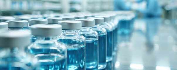 Close-up of rows of medical vials filled with blue liquid, representing laboratory, pharmaceutical, or vaccine research environment.