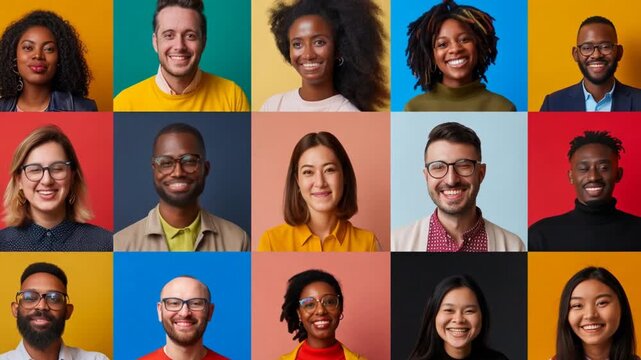 A group of people with different skin tones and facial features are smiling in a video conference. Concept of unity and diversity.