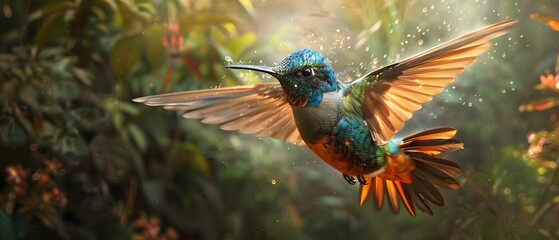 Obraz premium Hummingbird in Flight with Water Droplets.