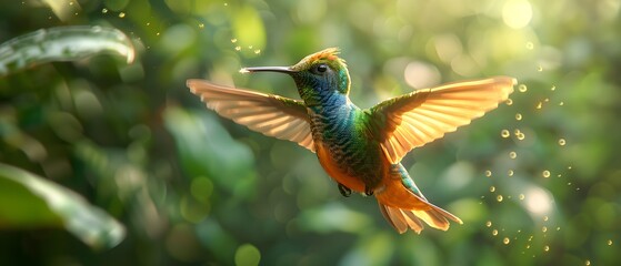 Hummingbird in Flight with Golden Bokeh.