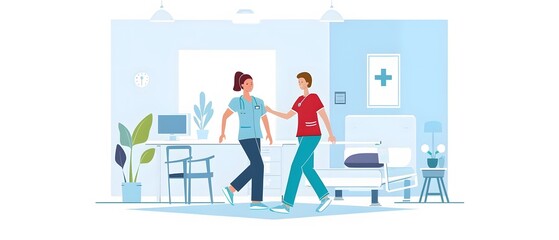Nurse assisting patient walking in hospital room.