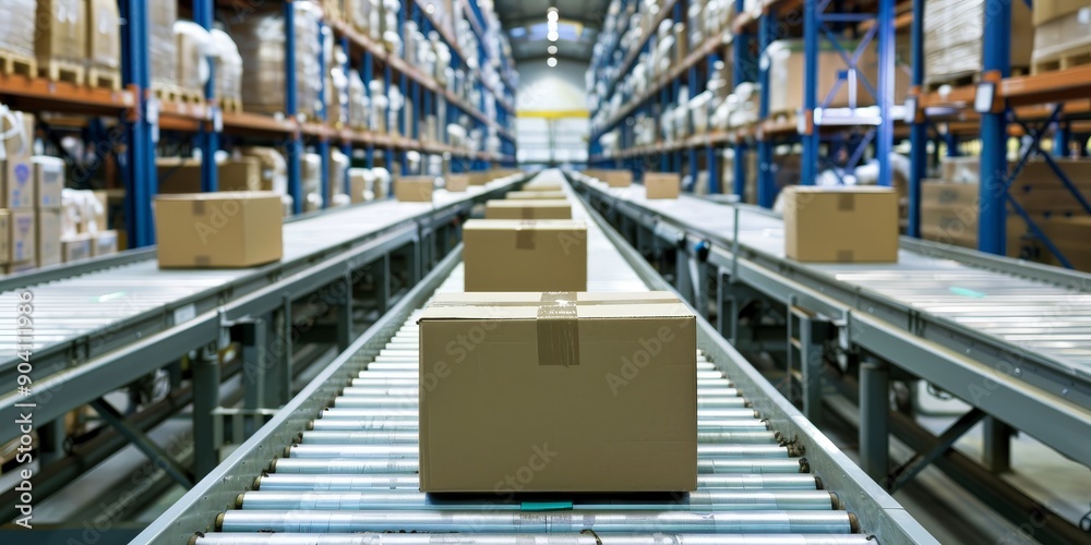 Poster packaging facility with automated machines boxing products for shipping