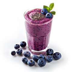 A delightful freshly pressed blueberry smoothie with almond milk and chia seeds, garnished with fresh blueberries and a sprinkle of chia seeds, isolated on white background.