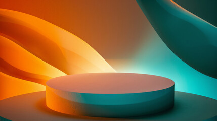 A smooth cylindrical podium is isolated on a background with abstract orange and teal wave patterns. Warm studio lights create a soft, inviting glow, ideal for product presentation.