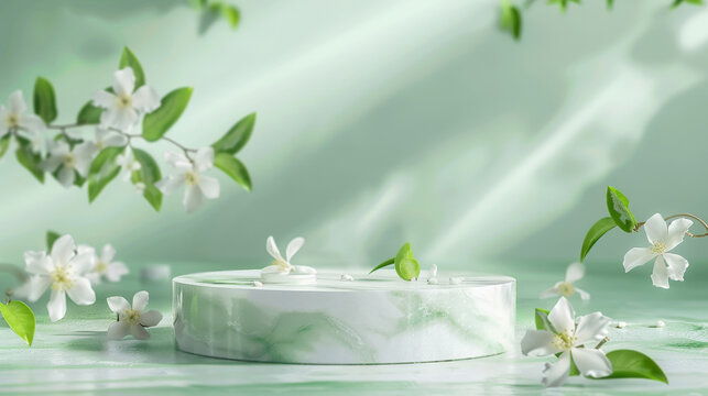 Marble stone podium stand for cosmetics on a soft pastel green abstract background. Enhance with white jasmine flowers and light green leaves for a fresh and tranquil feel.