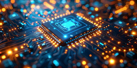 Obraz premium Blue circuit board and technology elements, futuristic and reliable feel, emphasizes modernity and reliability in technology. Hi-tech digital network concept for web design, banner or presentation.