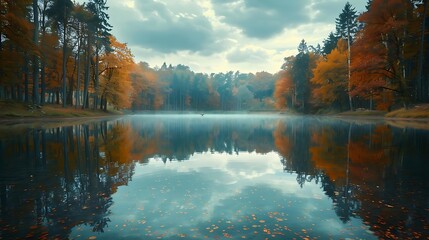 Fototapeta premium Autumn Forest Reflection in Still Lake - Digital Illustration