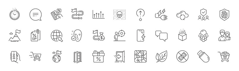 Add products, Speech bubble and Corrupt line icons. Pack of Credit card, Text message, Cloud sync icon. Swipe up, Electricity plug, Business target pictogram. Growth chart, Tax documents. Vector