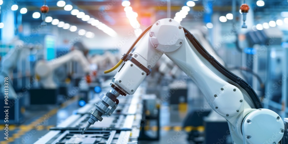 Poster High-tech factory floor with automated robots assembling precision components
