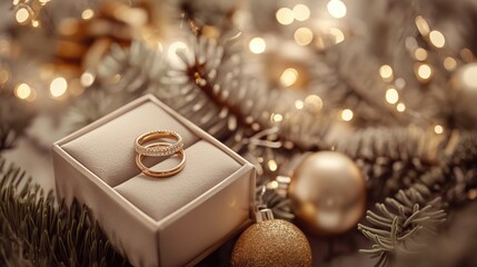 Gold and diamond rings displayed in a beige box with a festive setting, perfect for a holiday gift or proposal.